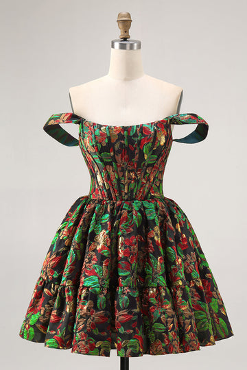 Dark Green Brocade Floral A Line Corset Homecoming Dress